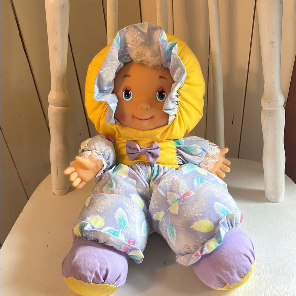 Vintage Yellow and Purple Doll , plastic face, stuffed soft toy